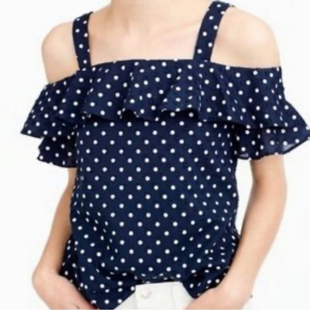 J Crew Navy Polka Dot Off-Shoulder Top